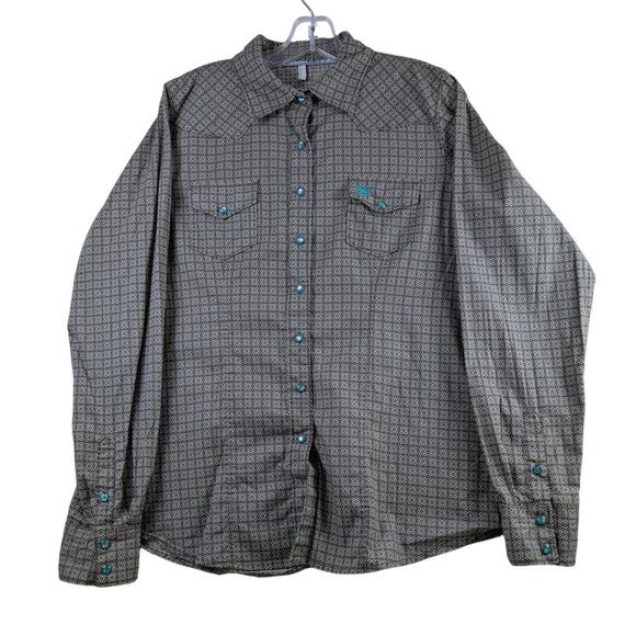 Cinch Brown Turquoise Pearl Snap Rodeo Shirt Womens Large Long Sleeve Geometric - Picture 1 of 10